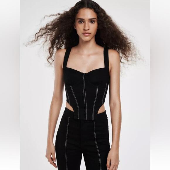 Zara Black Denim Corset Cotton Blend Size Small - Picture 1 of 10